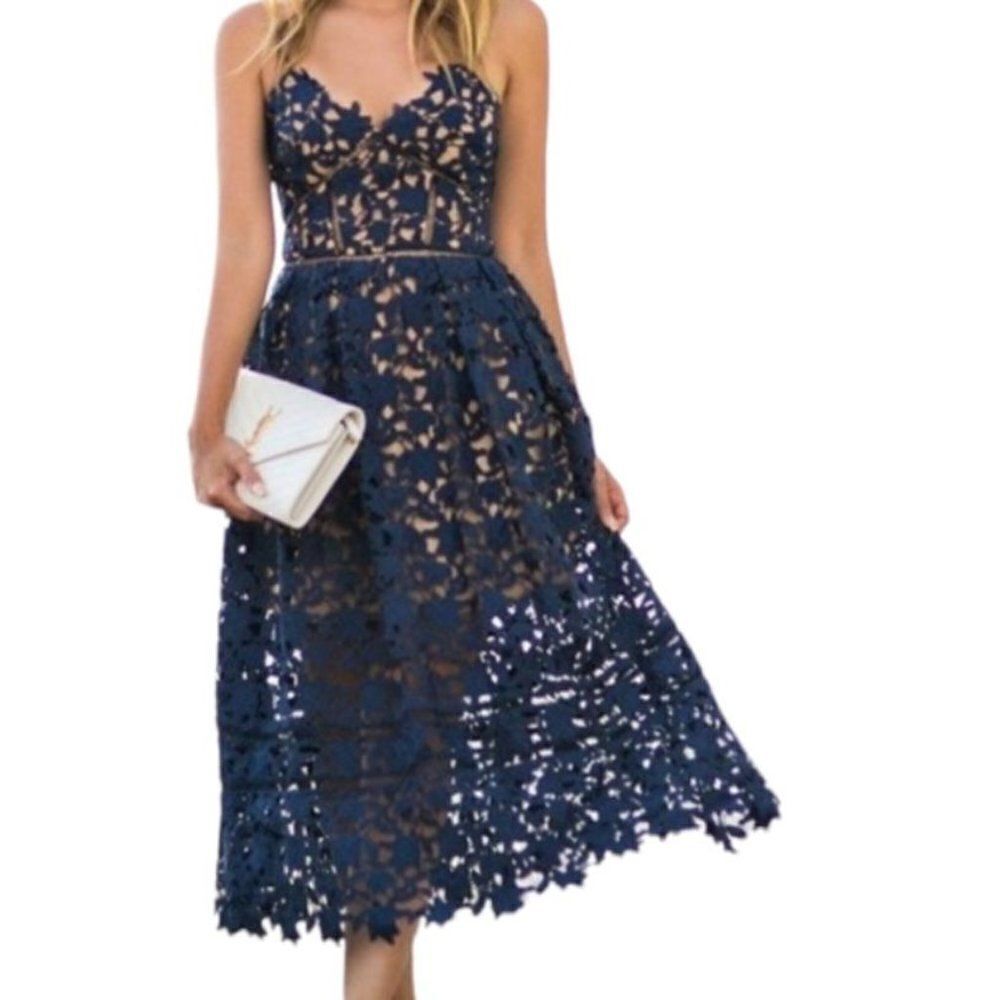 Aqua Bendita Lace Cami Midi Dress‎ S Navy Spaghetti Fit Flare Ladder Lace Bodice